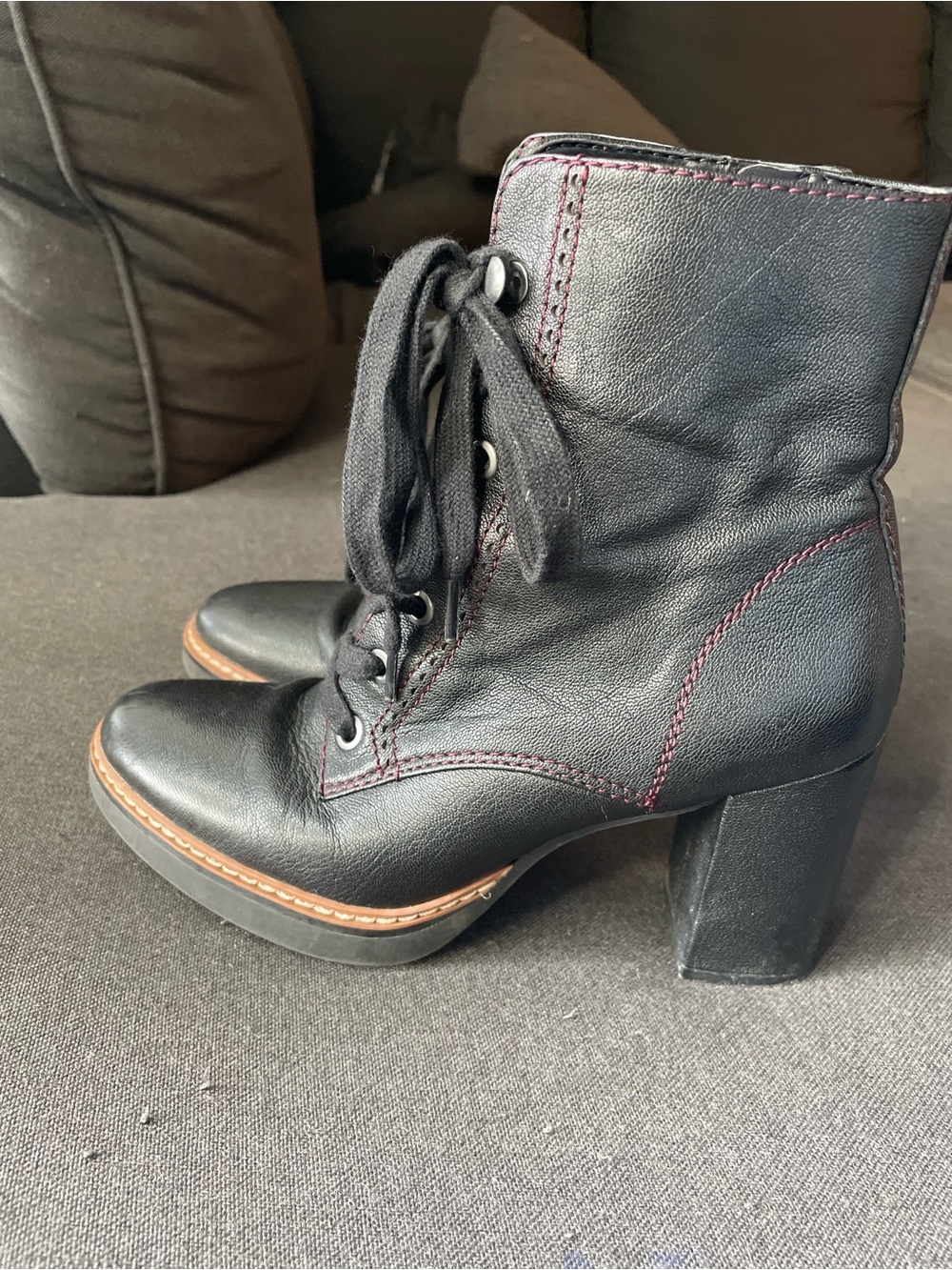 Naturalizer Black Lace-Up Platform Ankle Boots with Brown Trim